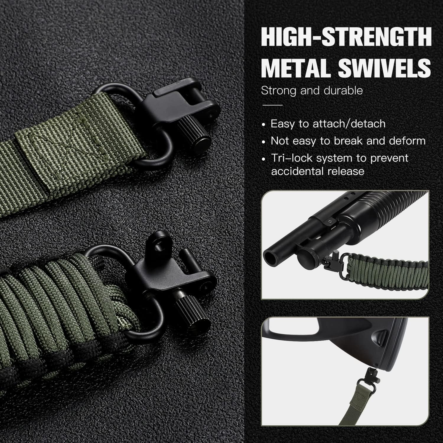 Two-Point Paracord Sling with Swivels, Non-Slip Paracord Sling Quick Adjustable Length Strap for Hunting