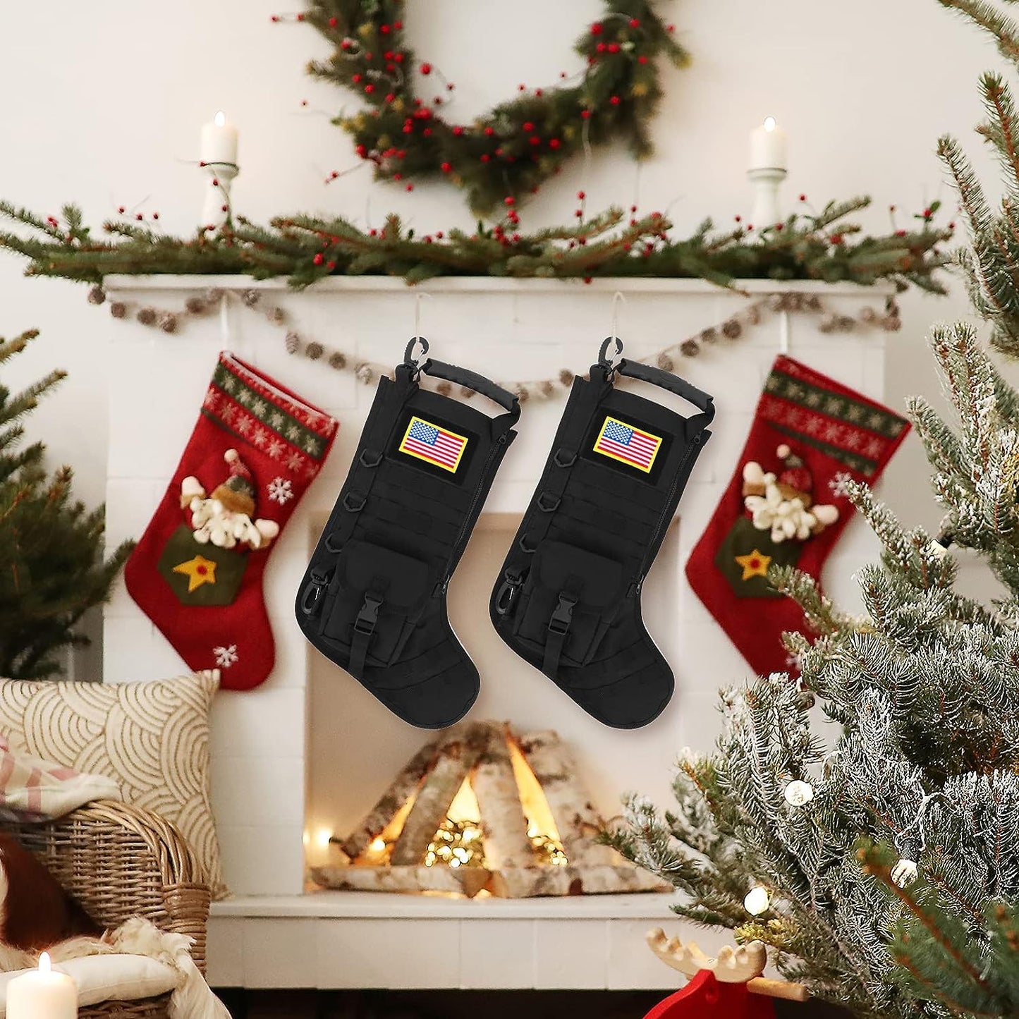 Tactical Christmas Stocking, with Flag Patch, MOLLE Webbing, Zip Pocket, MOLLE Clips