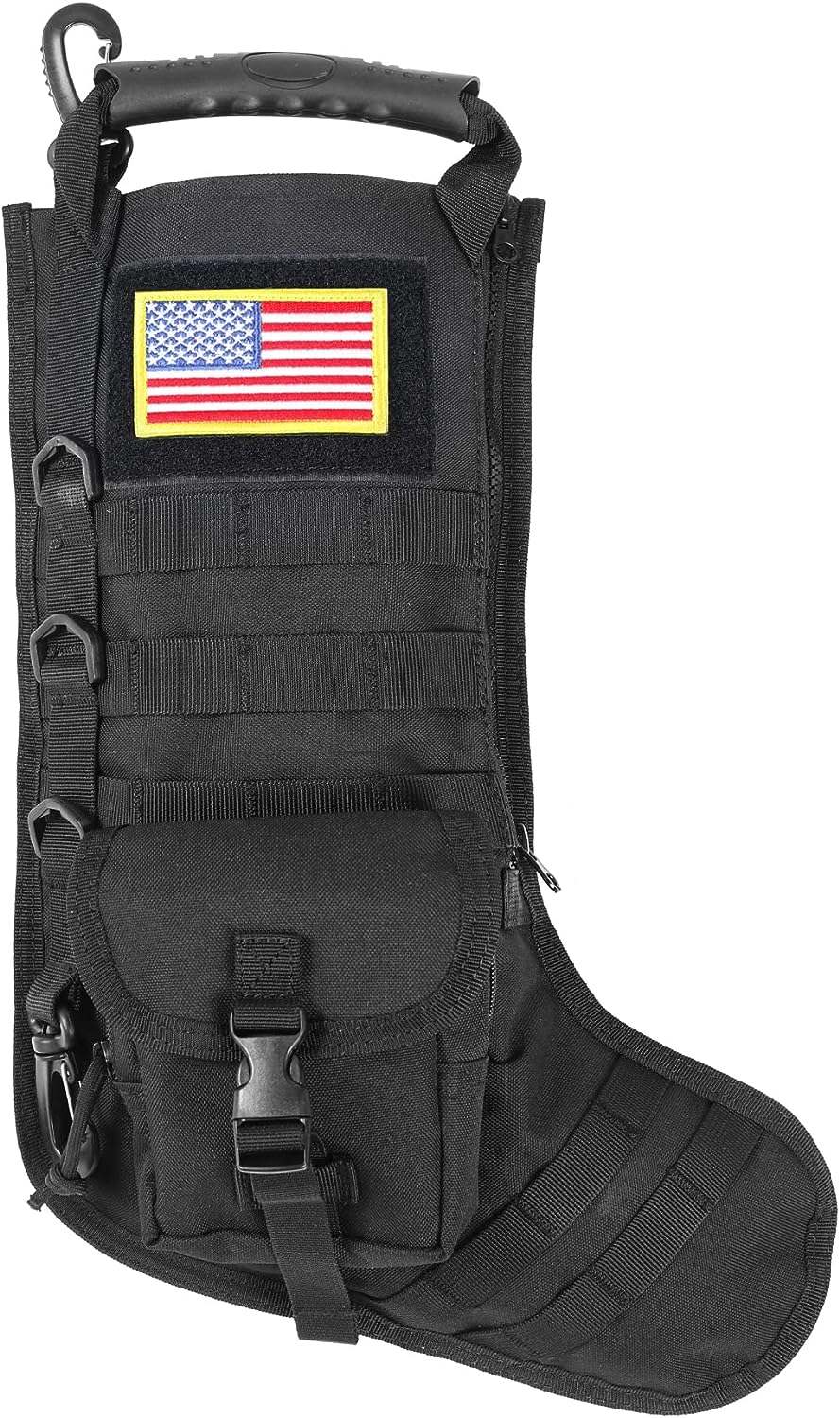 Tactical Christmas Stocking, with Flag Patch, MOLLE Webbing, Zip Pocket, MOLLE Clips