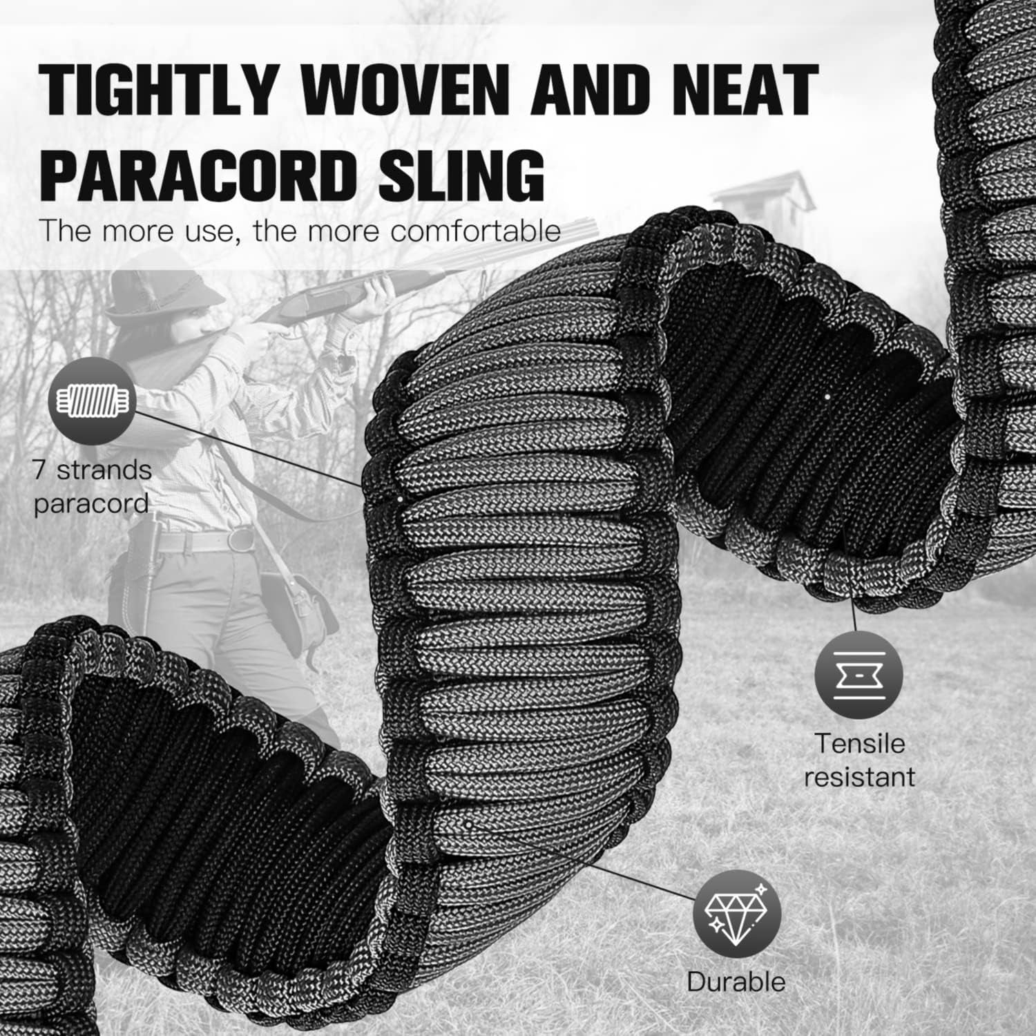 Two-Point Paracord Sling with Swivels, Non-Slip Paracord Sling Quick Adjustable Length Strap for Hunting