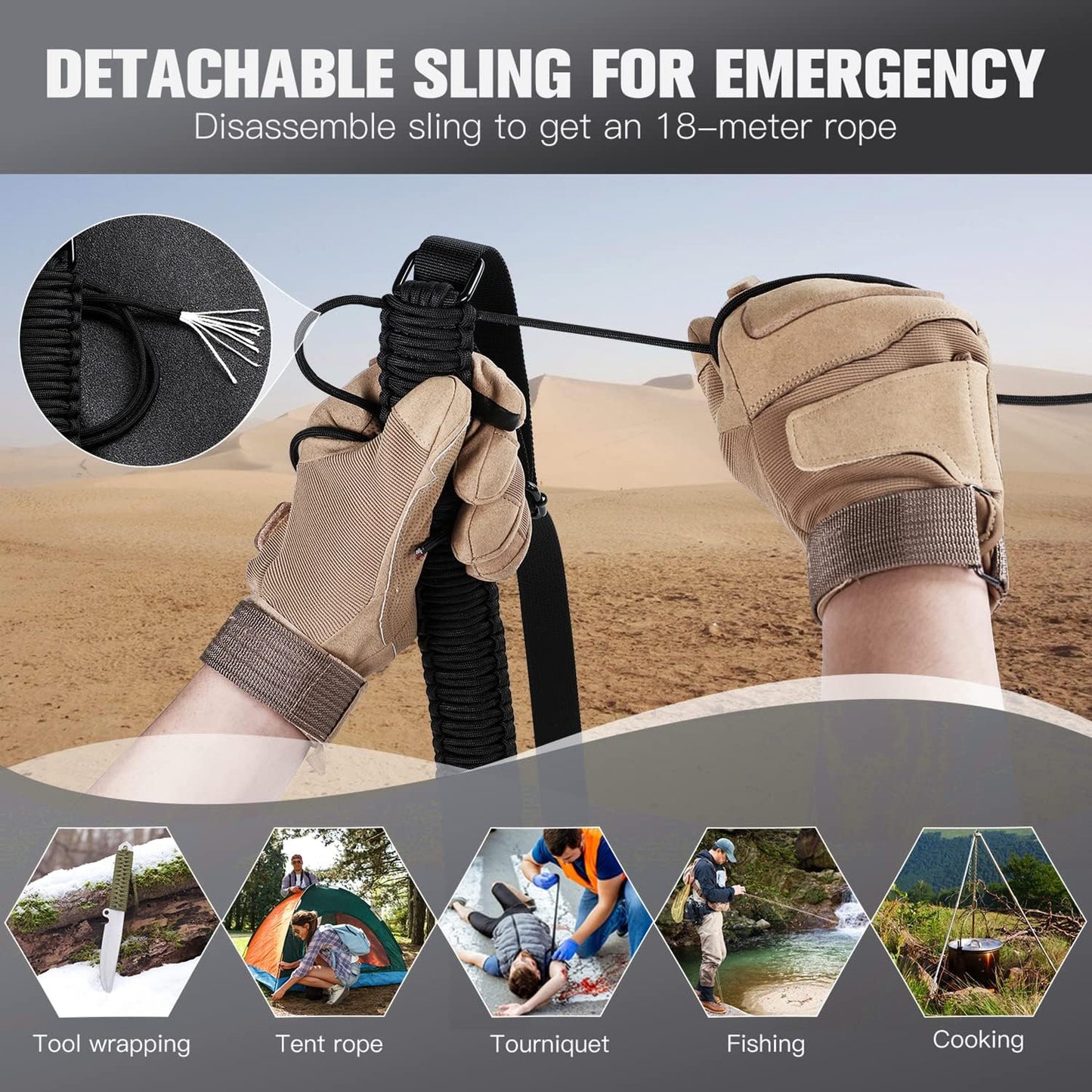 Two-Point Paracord Sling with Swivels, Non-Slip Paracord Sling Quick Adjustable Length Strap for Hunting